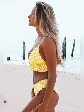 CUPSHE Yellow Gingham Ruffle Bikini Set L
